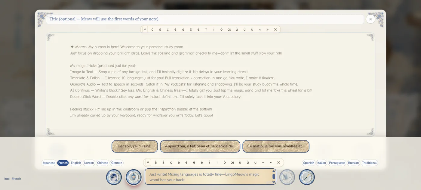 The writing bar open at the bottom of a note, offering a few ways to continue the sentence above it.