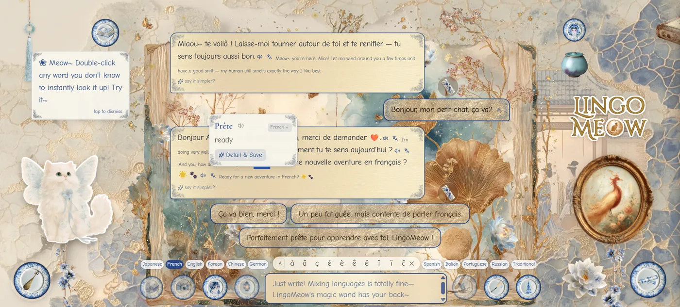 The chat, mid-conversation: bilingual replies, a word looked up mid-message with a "Detail & Save" option, and the language tabs along the bottom.