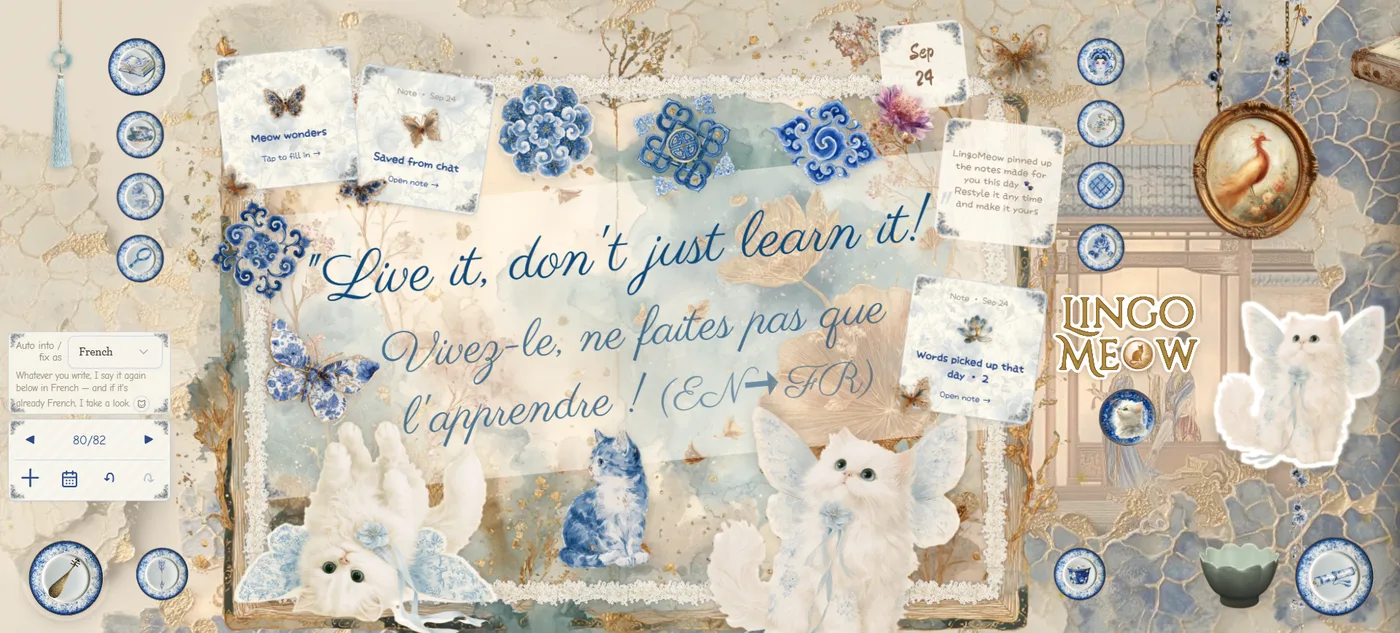 A decorated journal page in LingoMeow, with a line and its translation pinned to the page — French here, one of the eleven languages you can pick — alongside stickers and saved notes.