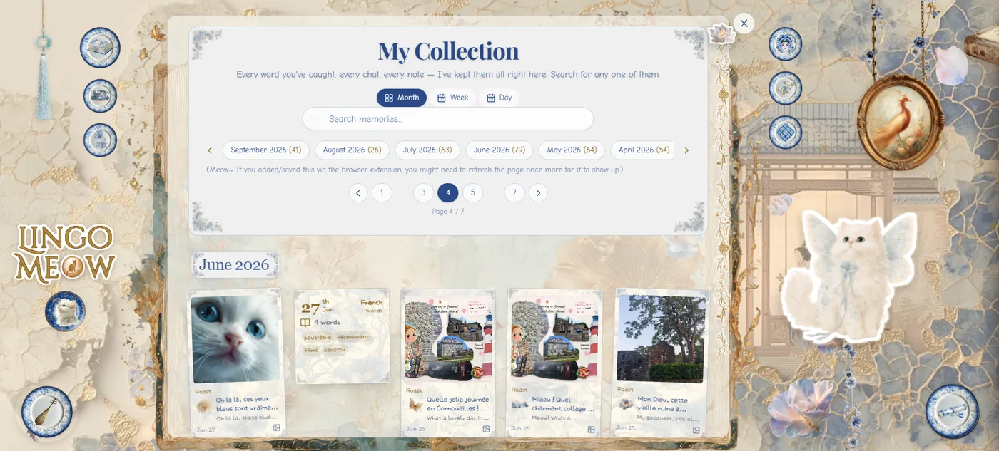 Browsing back through earlier months in LingoMeow's collection, with old entries and their photos still there to find.