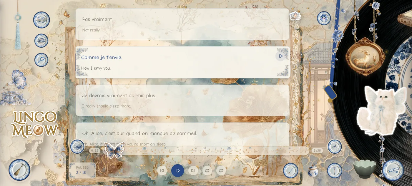 Shadowing in progress: bilingual sentence cards stacked on the page, with playback and repeat controls below.