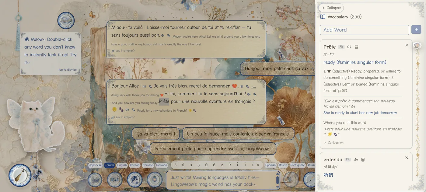 The vocabulary drawer open beside a chat conversation, a saved word showing its meaning, an example sentence, and where it came from.